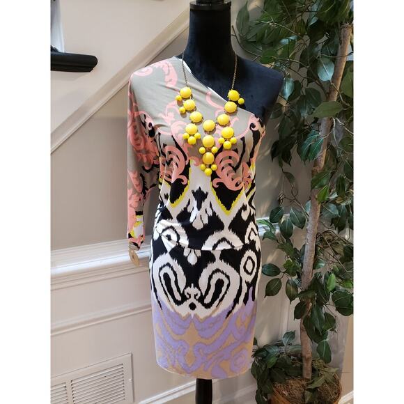 Tibi Knee Length Dress Womens Size Medium Multicolor Geometric One Shoulder Off - Picture 1 of 14
